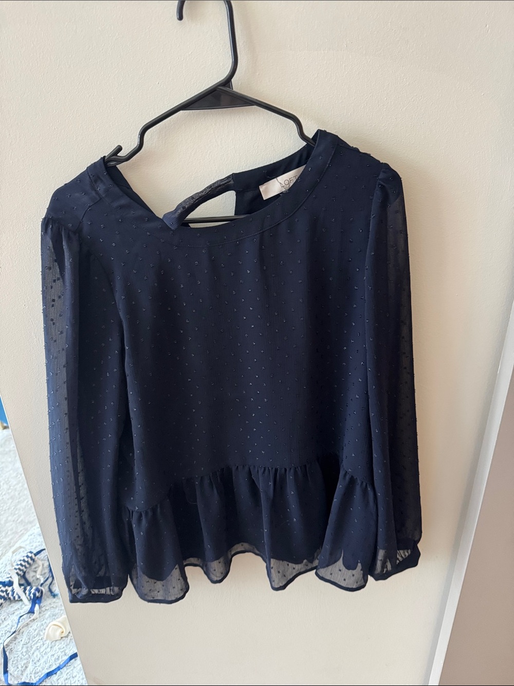 LOFT Navy Swiss Dot Peplum Blouse